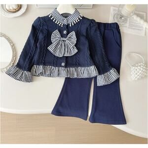 Toddler Girls Sz 100 US Size 2-3T 2-Piece Blue Sweater Pant Set Bow Pearls